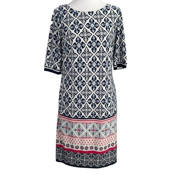 ELIZA J Three Qtr Sleeve Print Sheath Dress Size 8 Navy Pink - Picture 1 of 13
